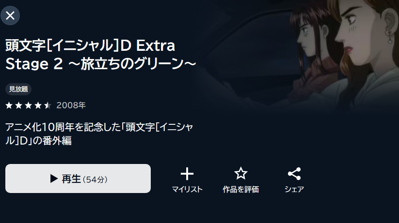 頭文字[イニシャル]D Extra Stage 2 ～旅立ちのグリーン～の動画をフル無料で見れる動画配信サイト U-NEXT