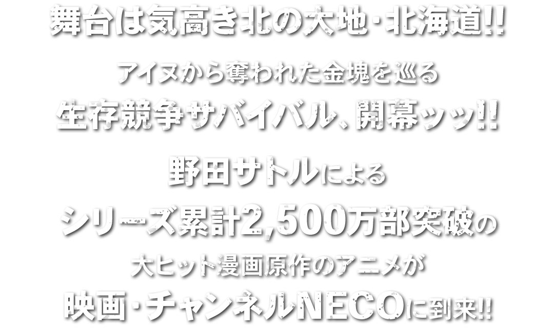 舞台は気高き北の大地・北海道!!アイヌから奪われた金塊を巡る生存競争サバイバル、開幕ッッ!!野田サトルによるシリーズ累計2,500万部突破の大ヒット漫画原作のアニメが映画・チャンネルNECOに到来!!